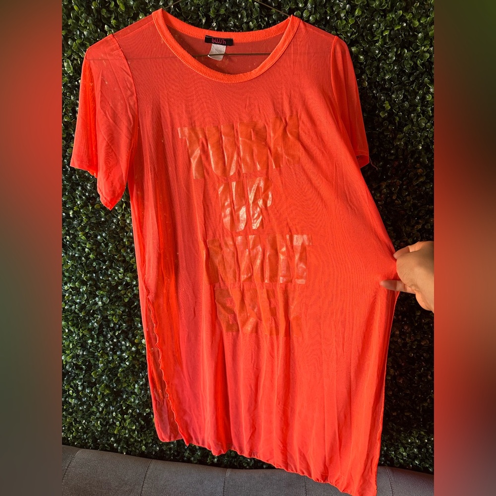 Orange Sheer Graphic Short Sleeve Swimsuit Cover Up